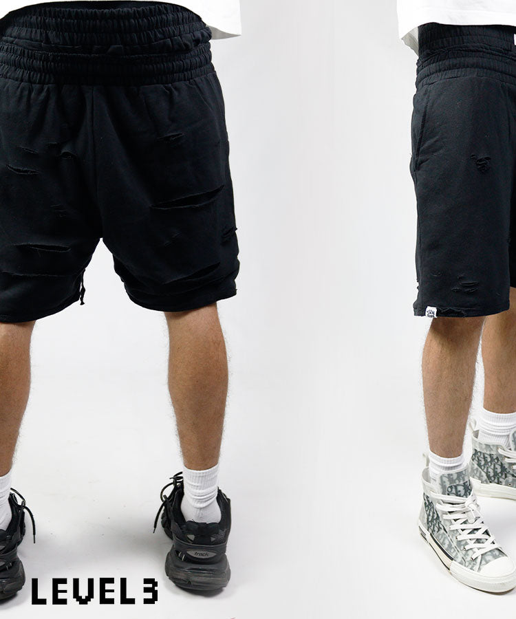 Black distressed shorts